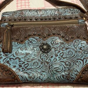 Brown and Blue Embossed Floral Shoulder Bag